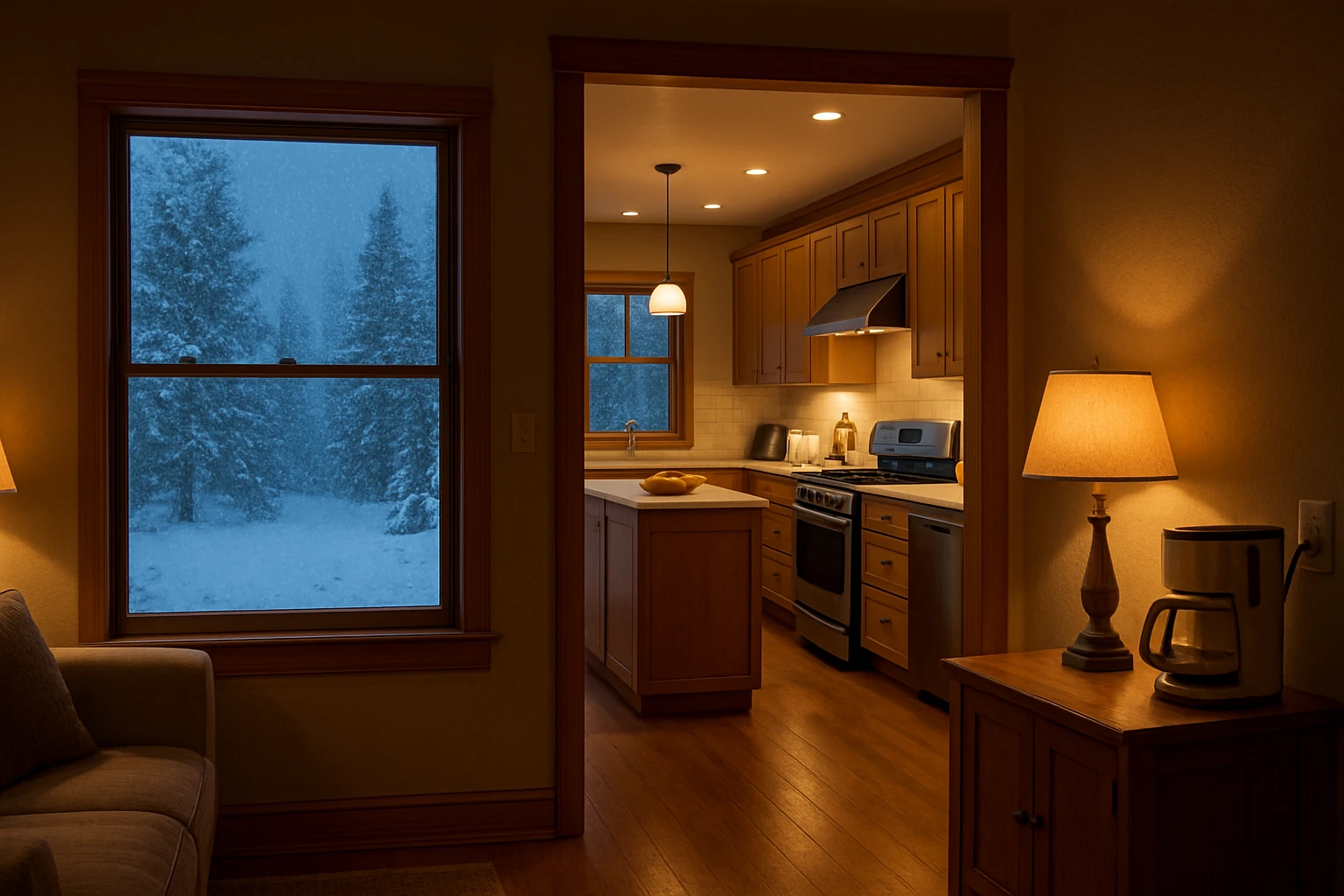 A cozy home interior view showing appliances with a snowy Canadian winter scene outside the window, symbolizing appliance preparation.