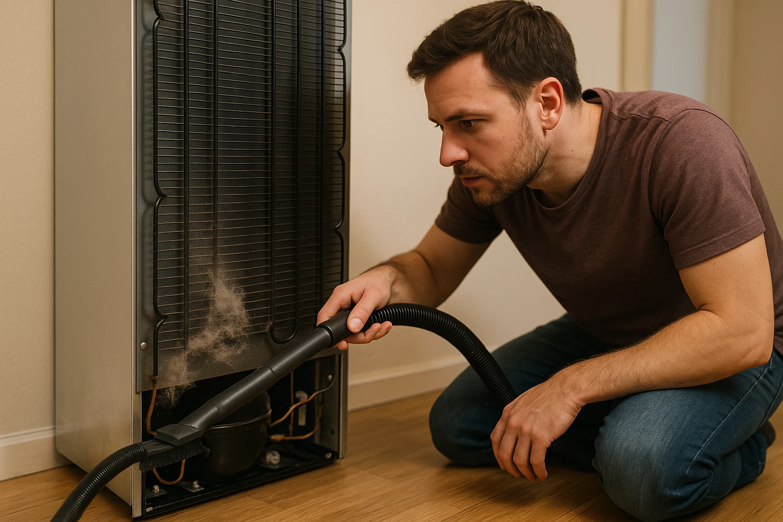 A person cleaning refrigerator condenser coils with a brush
