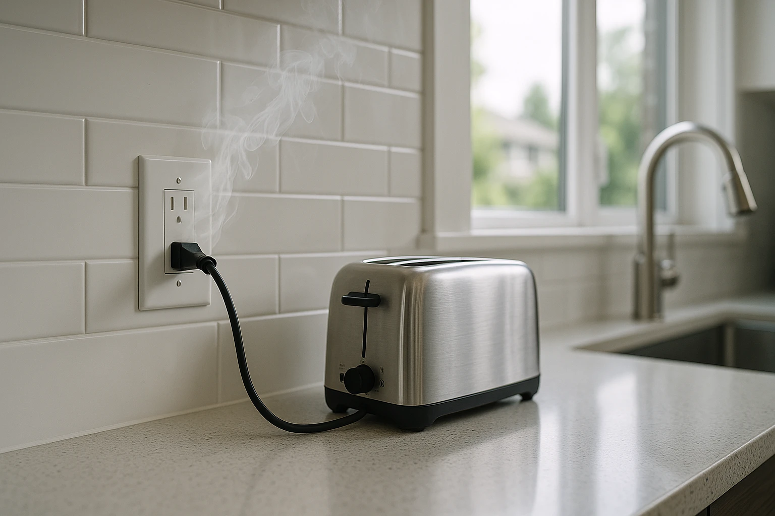 A fire starting from a home appliance in a kitchen, representing a fire hazard.