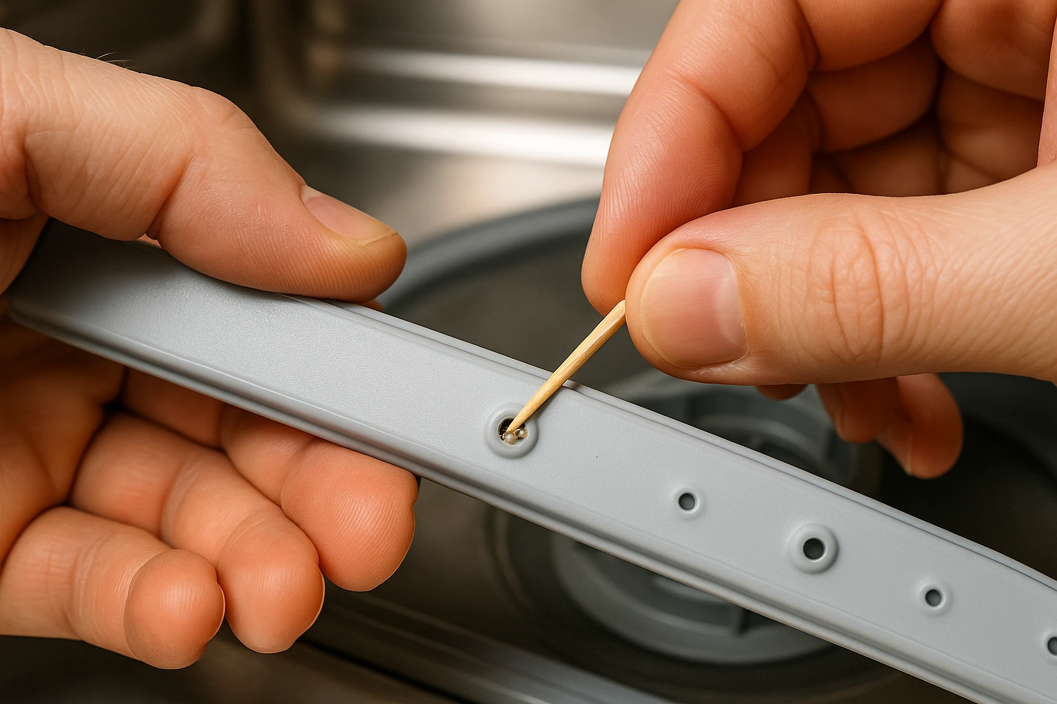 A person cleaning a dishwasher spray arm with a tool