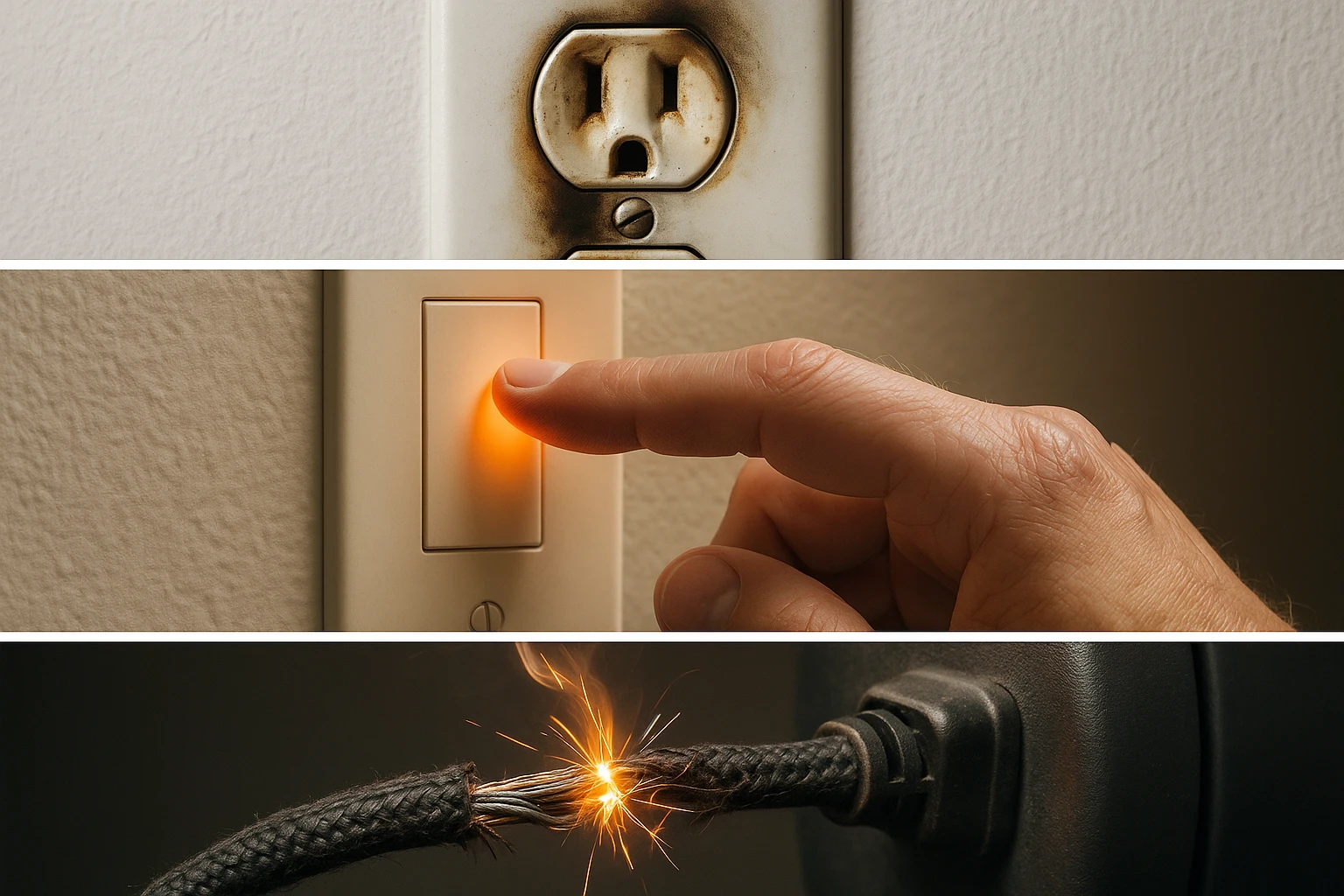 A sparking electrical outlet, a warning sign of an electrical fire hazard.