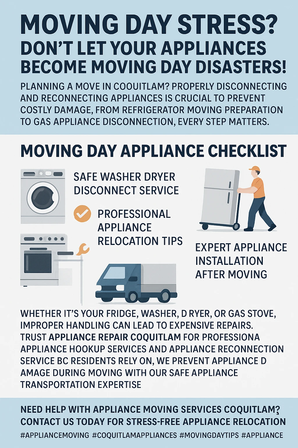 Infographic summarizing key takeaways for appliance moving services in Coquitlam