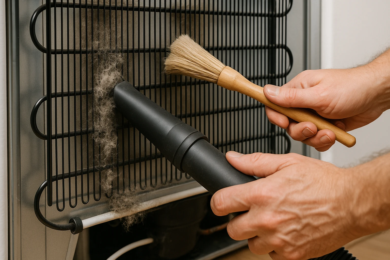 A person performing winter maintenance on kitchen appliances like a refrigerator and oven.
