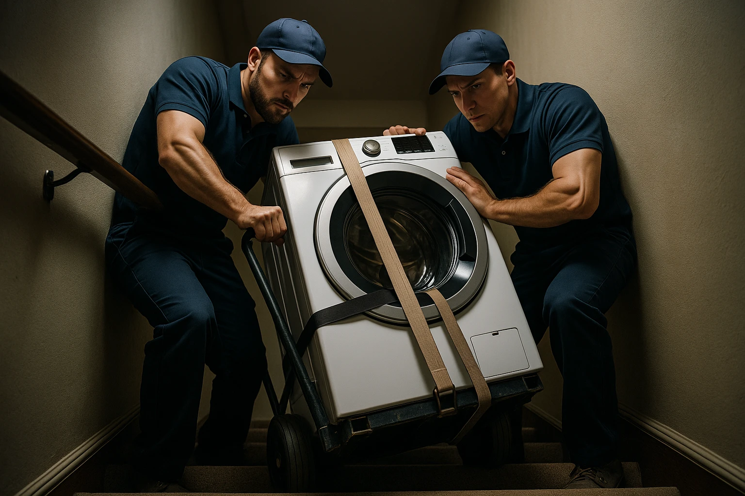 Movers carefully navigating a tight corner with a large appliance on a dolly.