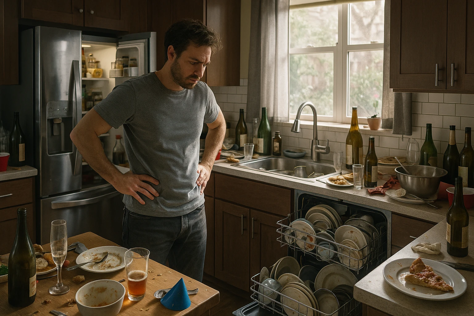 Overwhelmed person in a messy kitchen after the holidays needing appliance repair