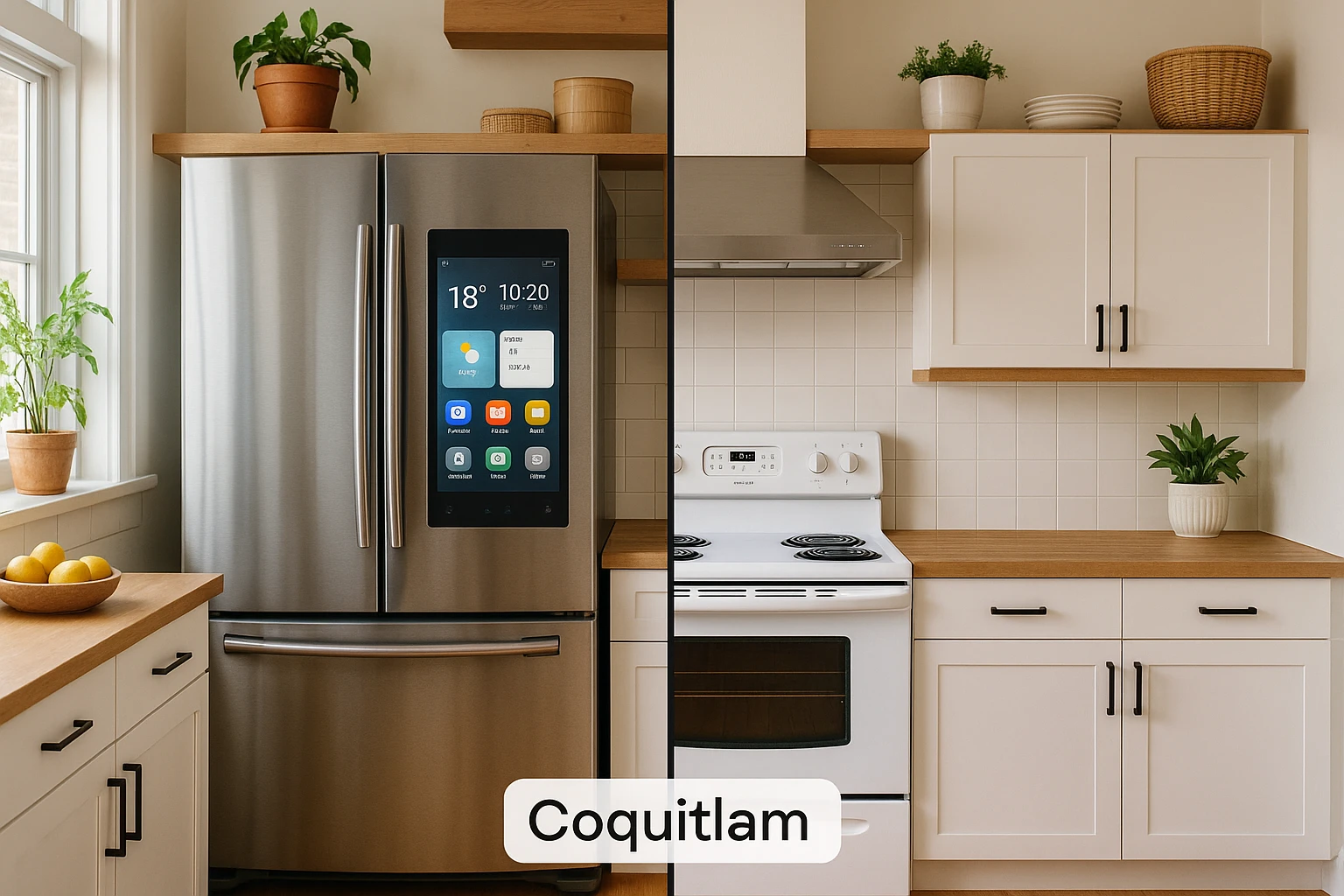 Side-by-side view of a smart kitchen and a traditional kitchen