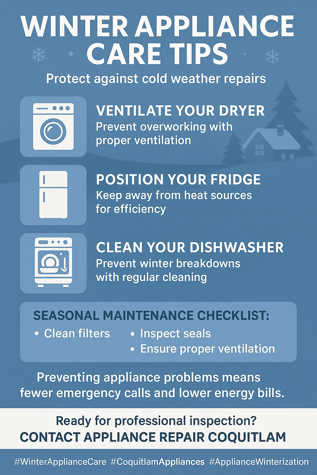 Infographic summarizing key takeaways for winter appliance maintenance in Coquitlam.