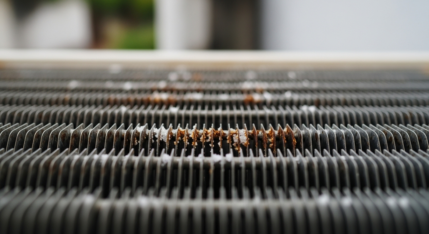 Close-up of severe corrosion on appliance condenser coils caused by salt in the coastal air.