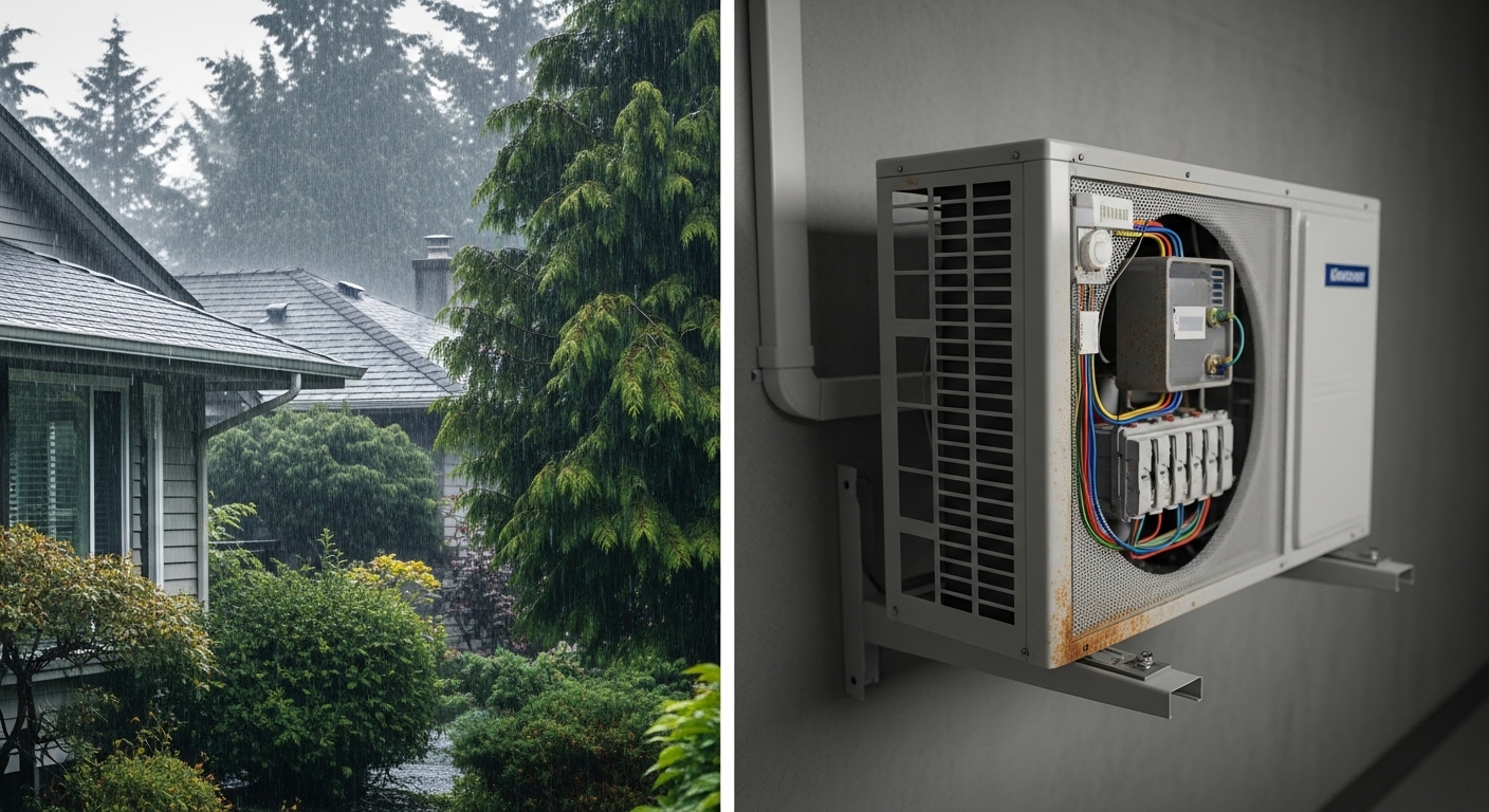 Graphic showing Coquitlam's rainy and cold climate impacting home appliances