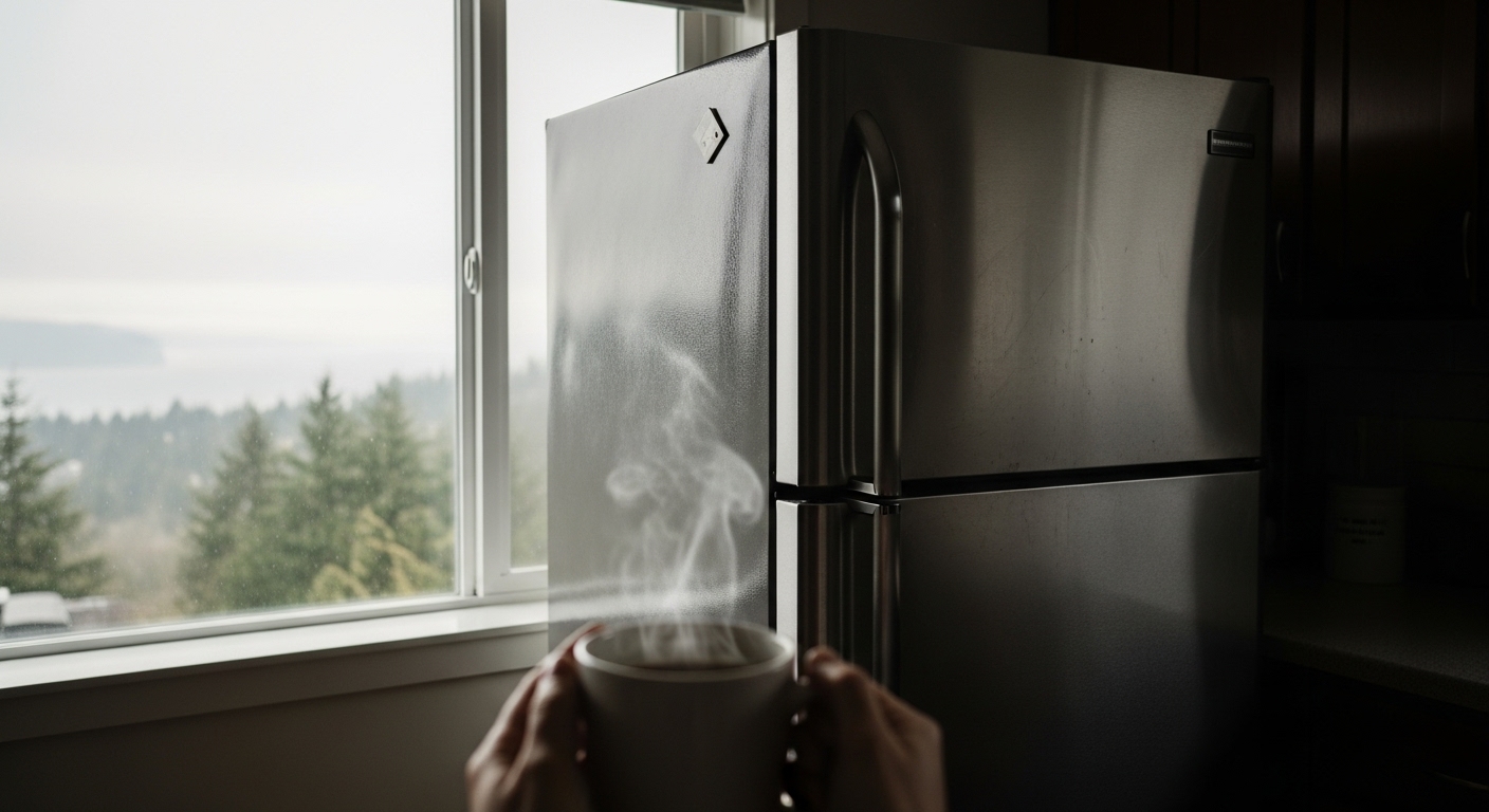 A modern Coquitlam kitchen with a stainless steel refrigerator, oven, and dishwasher.