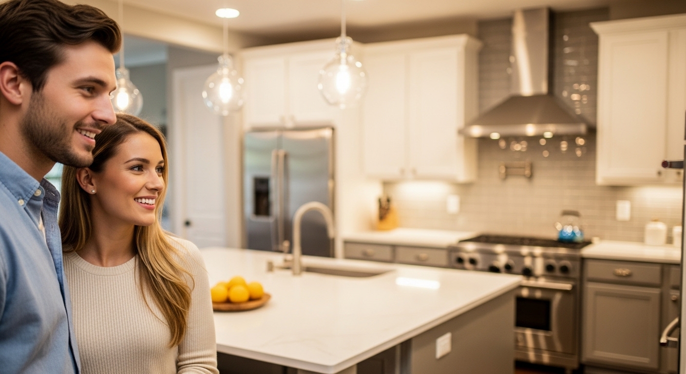 A couple happily admiring a beautifully staged kitchen in a home for sale, demonstrating buyer appeal.