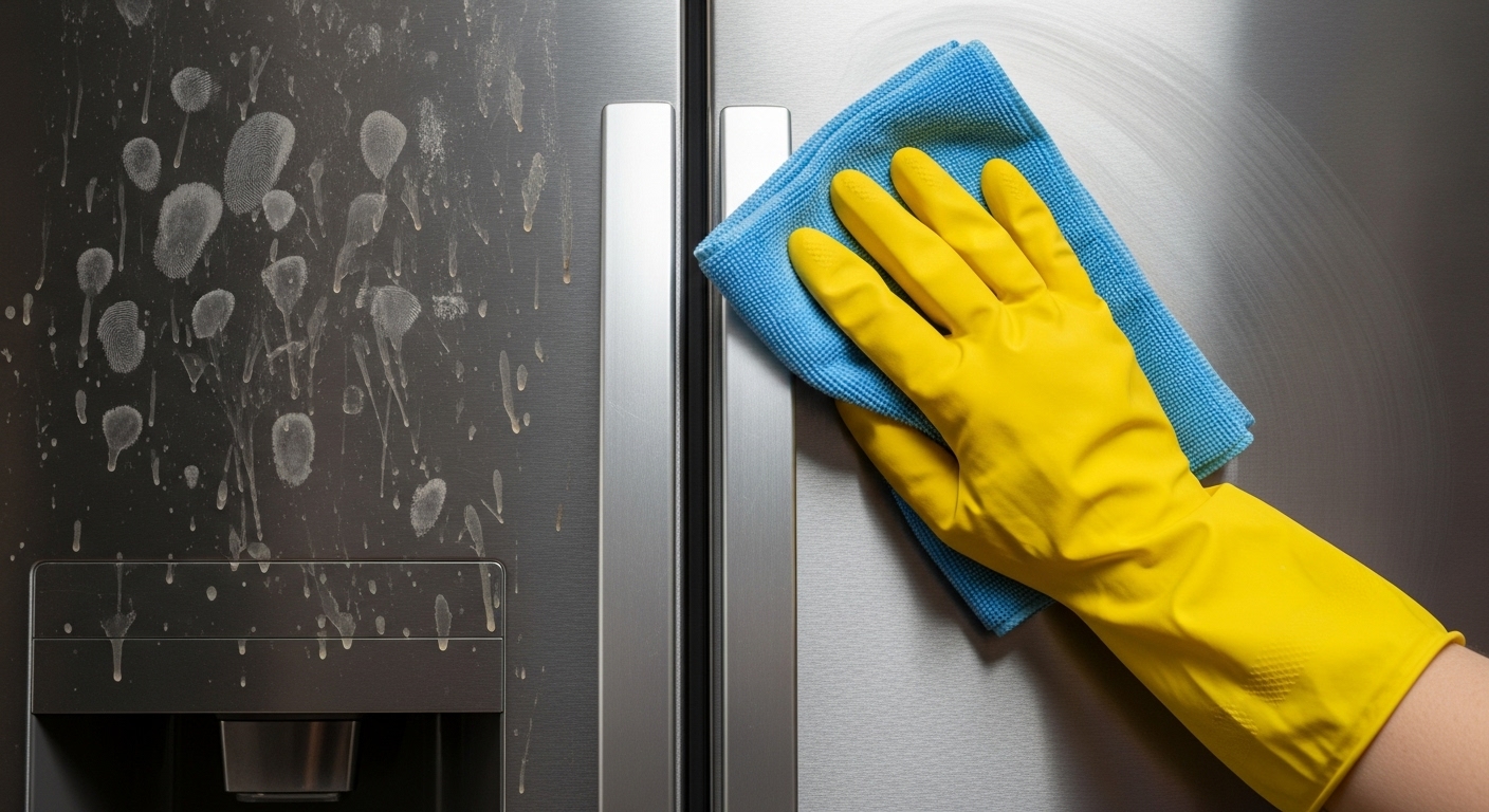Close-up of a hand in a yellow glove deep cleaning a stainless steel appliance to a mirror shine for home staging.