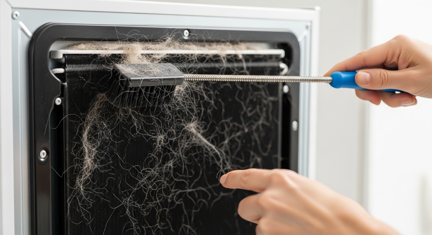 A person performing DIY maintenance by cleaning dirty refrigerator coils with a long brush.