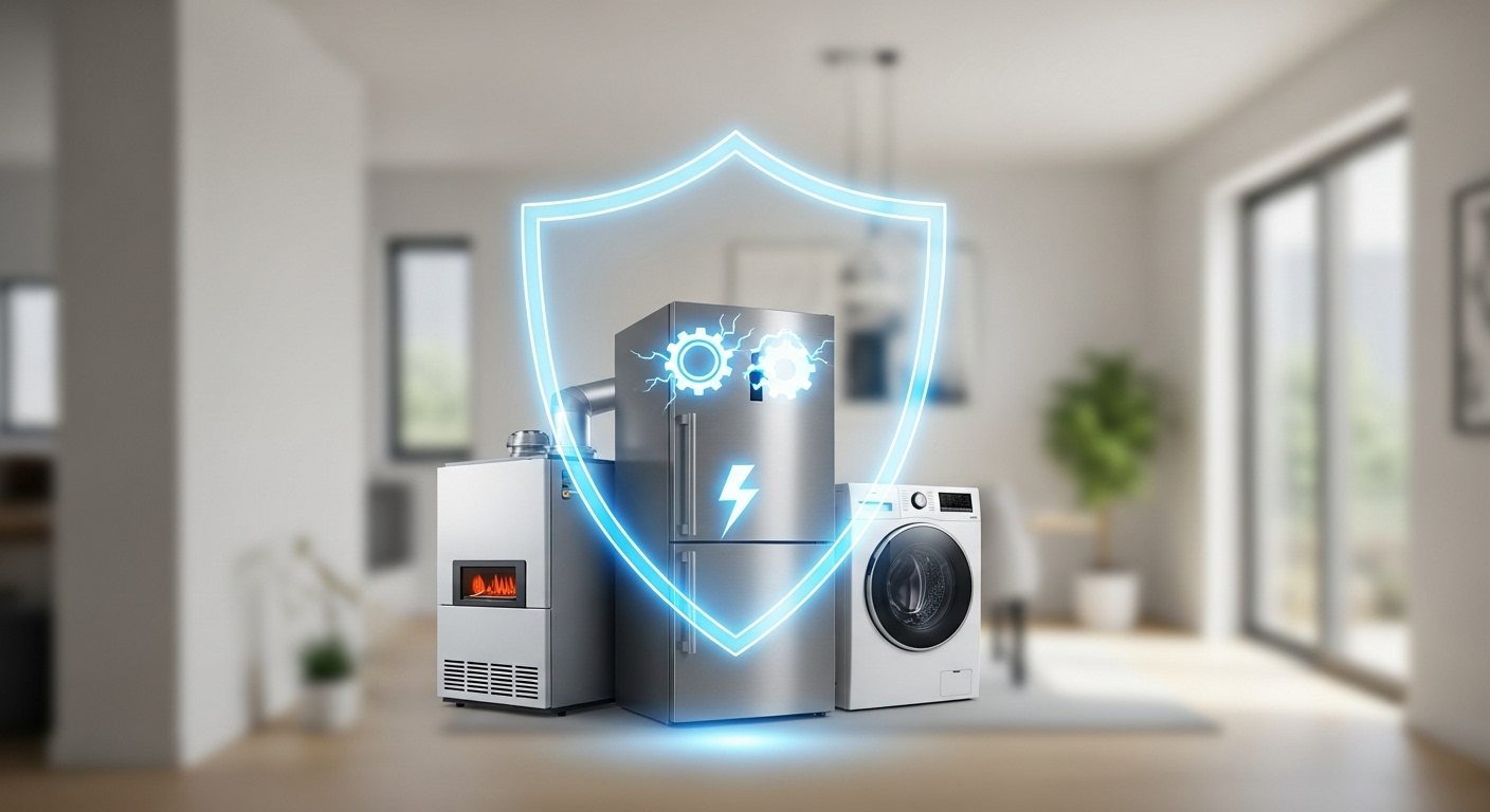 Graphic of a shield protecting home appliances, representing equipment breakdown coverage