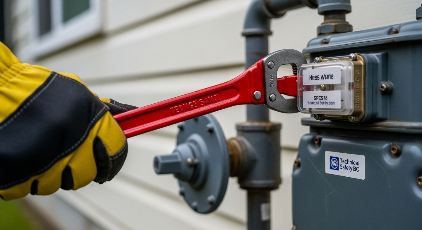 A gas shut-off wrench being used on a gas pipe
