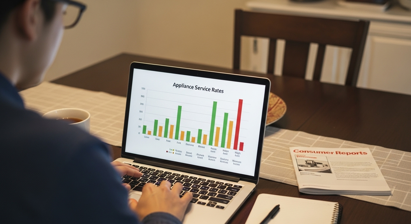 Homeowner at a desk on a laptop researching appliance reliability data online