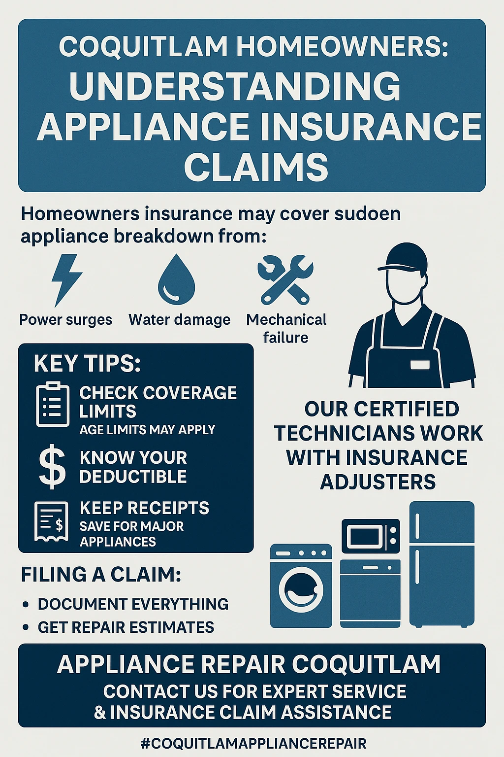 Infographic summarizing key takeaways for appliance insurance claims in Coquitlam
