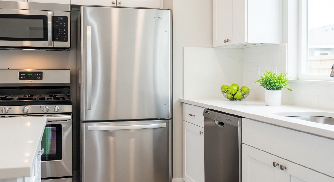 A modern staged kitchen with gleaming stainless steel appliances, the result of smart repair and replace decisions.