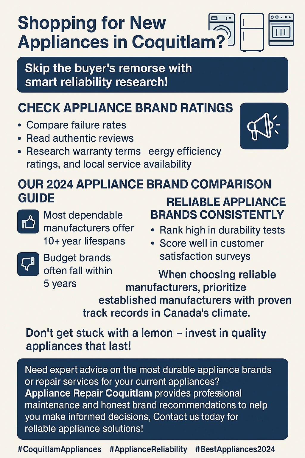 Infographic showing key takeaways for most reliable appliance brands in Coquitlam
