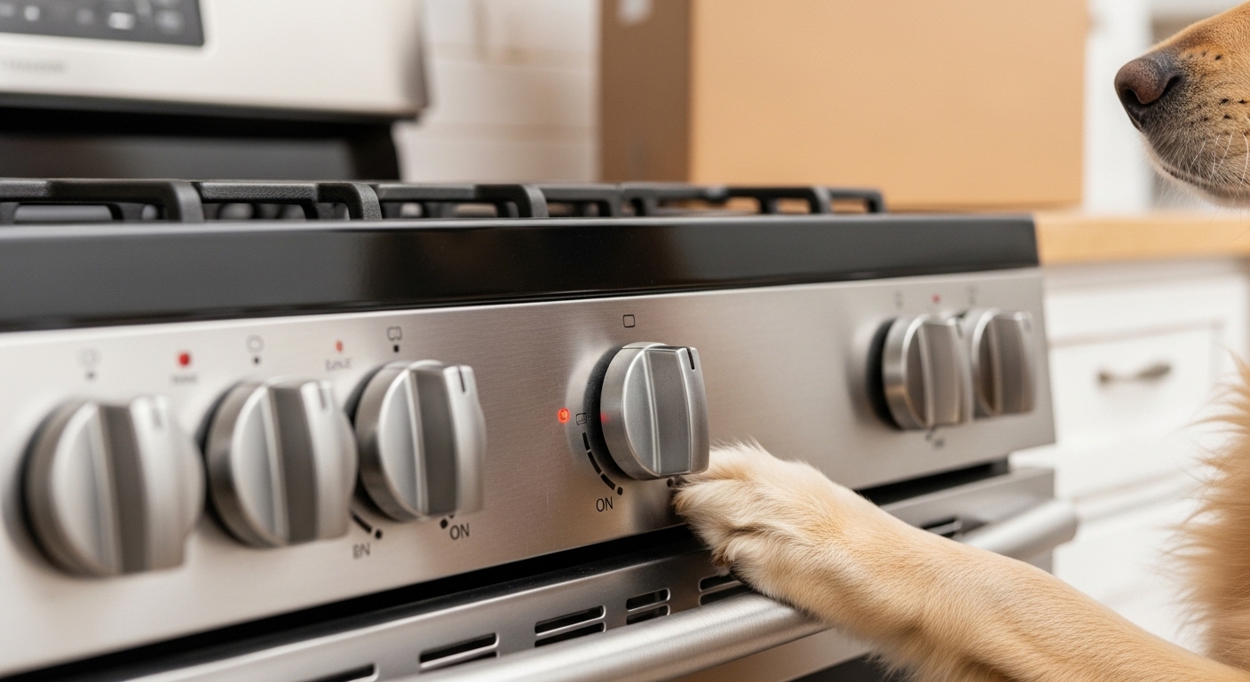 A stove with front-mounted knobs highlighting the danger of accidental activation by pets or children