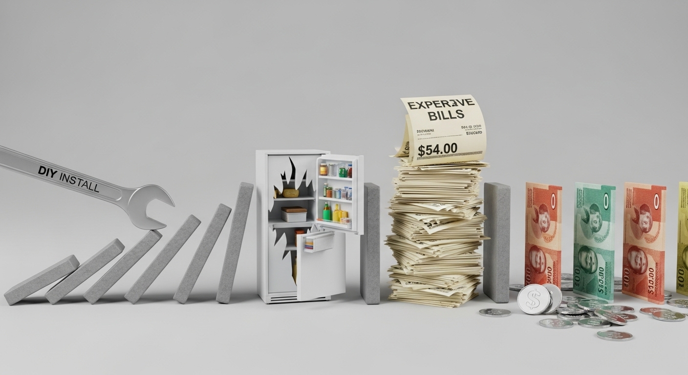 Illustration of a domino effect representing the financial costs of poor appliance installation.