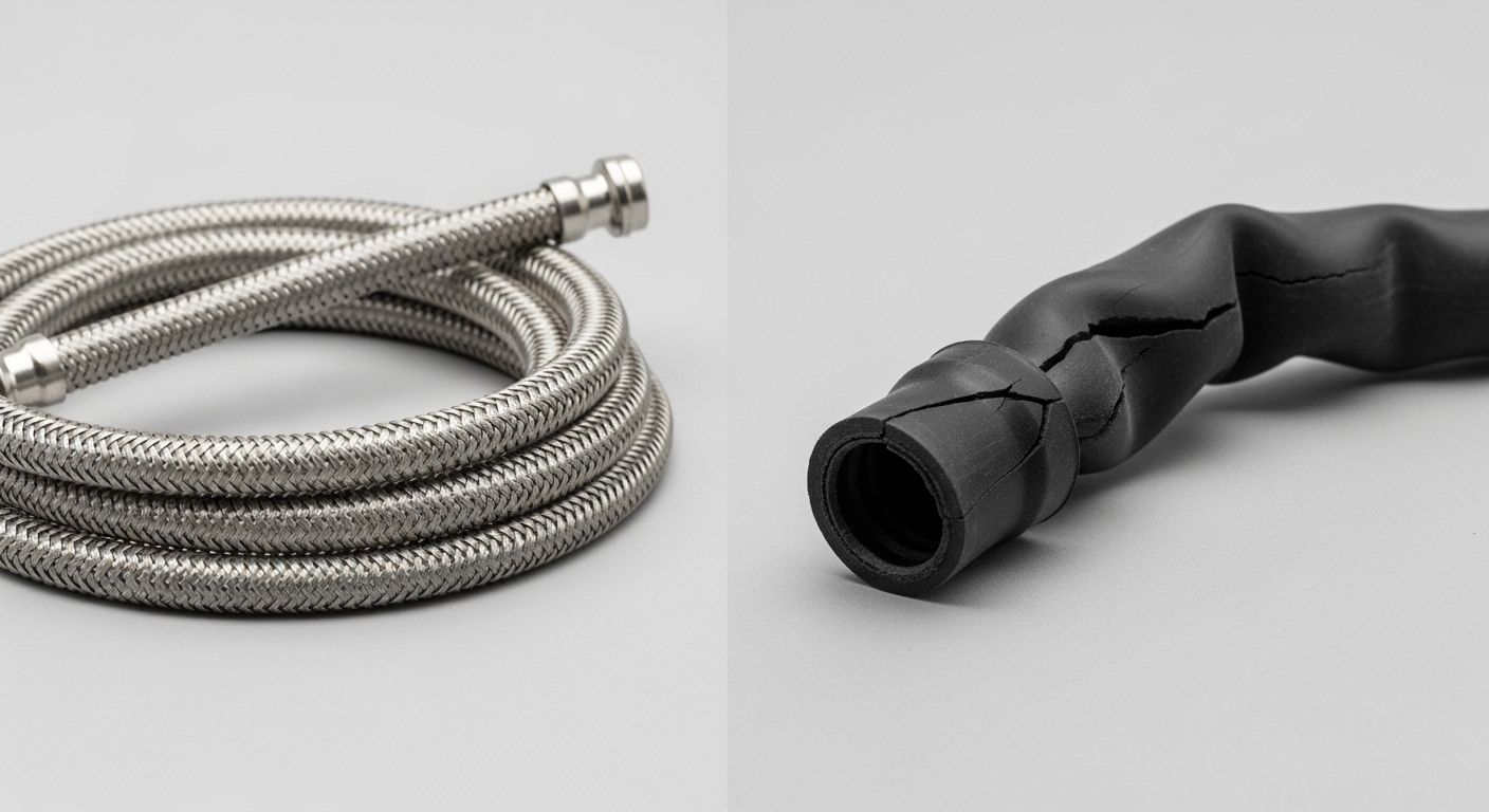 Comparison of a durable braided steel washing machine hose versus a standard rubber hose