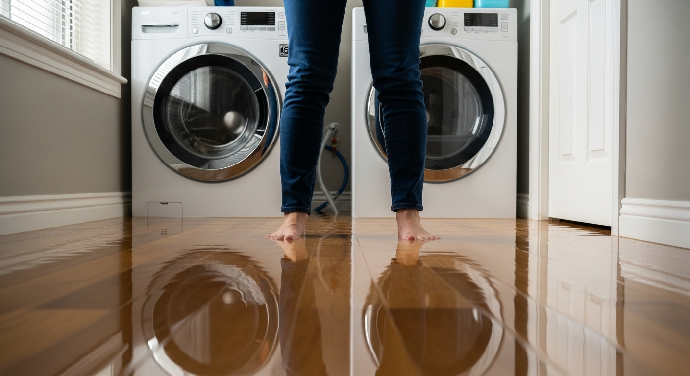Flooded laundry room in a Coquitlam home from a washing machine leak