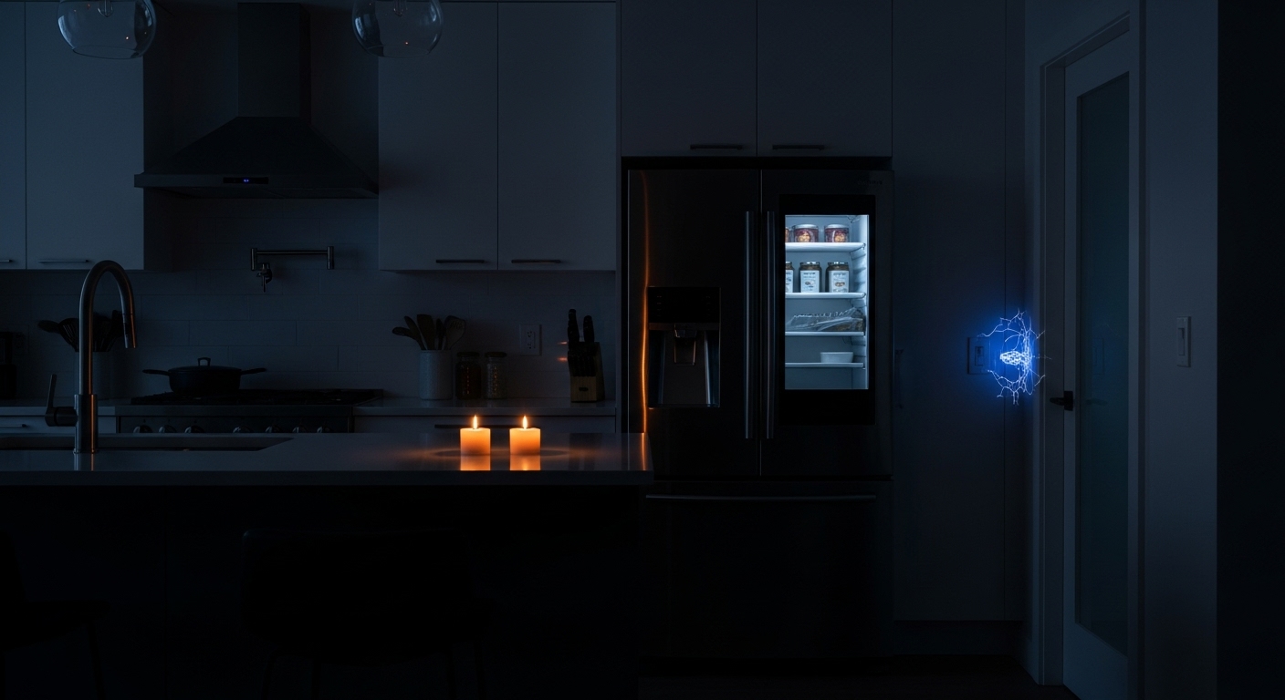 Home appliances in a kitchen during a power outage in Coquitlam, highlighting potential danger