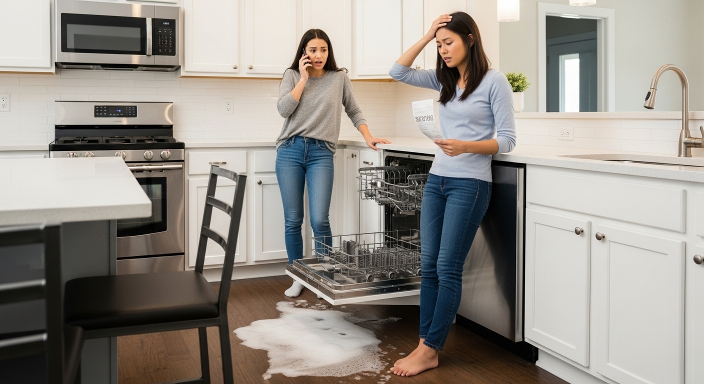 Coquitlam homeowner looking shocked at an expensive appliance repair bill.