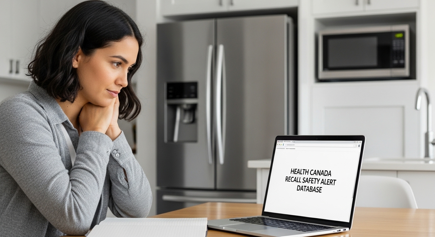 A Coquitlam homeowner using a laptop to check for appliance recall alerts online
