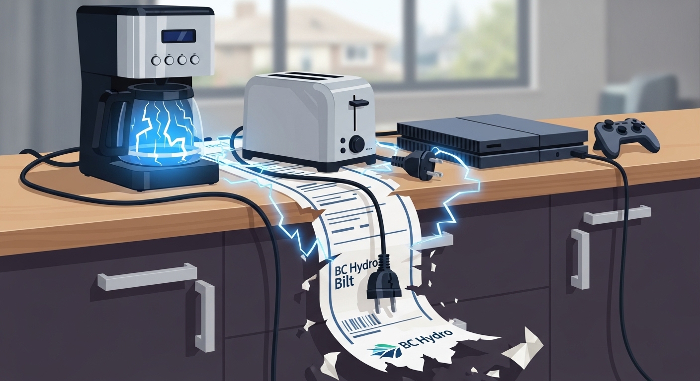 A BC Hydro bill with illustrations of energy vampire appliances