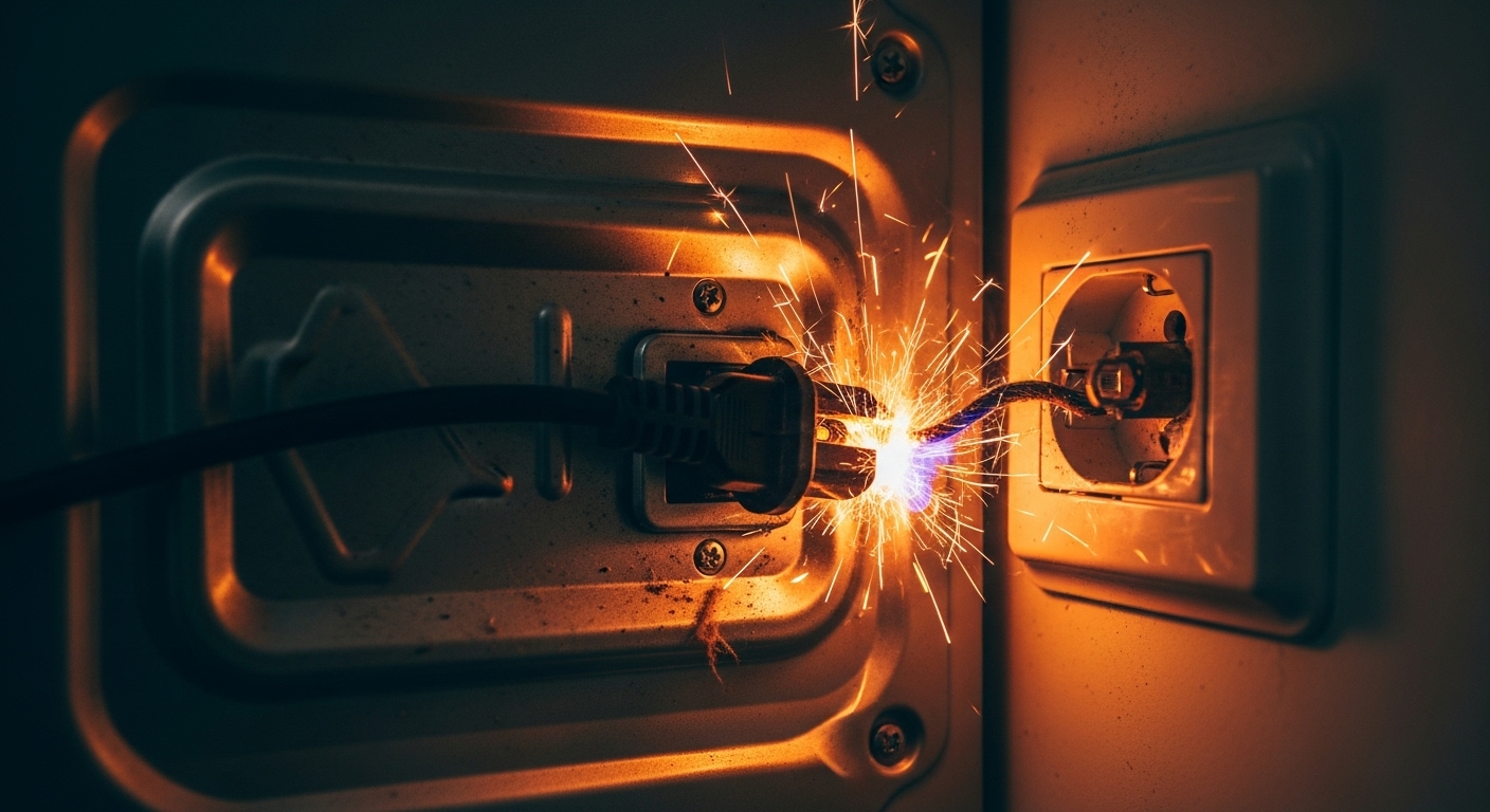 A sparking and hazardous electrical outlet from an improper dryer installation.