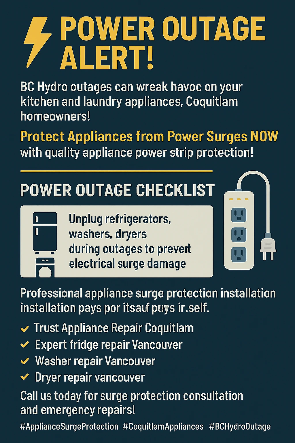 Infographic showing key statistics for appliance surge protection in Coquitlam
