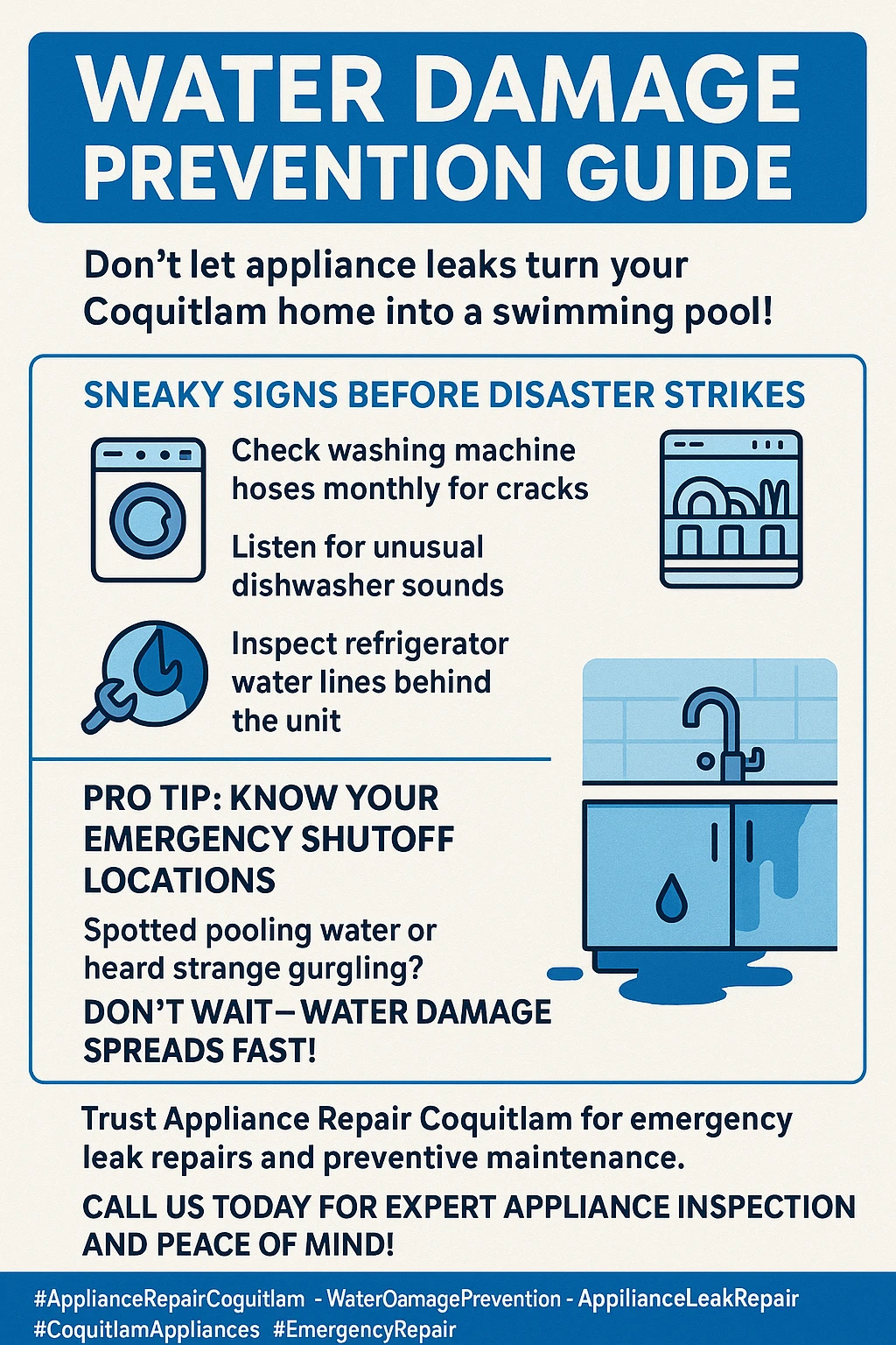 Key takeaways infographic for appliance water damage prevention in Coquitlam