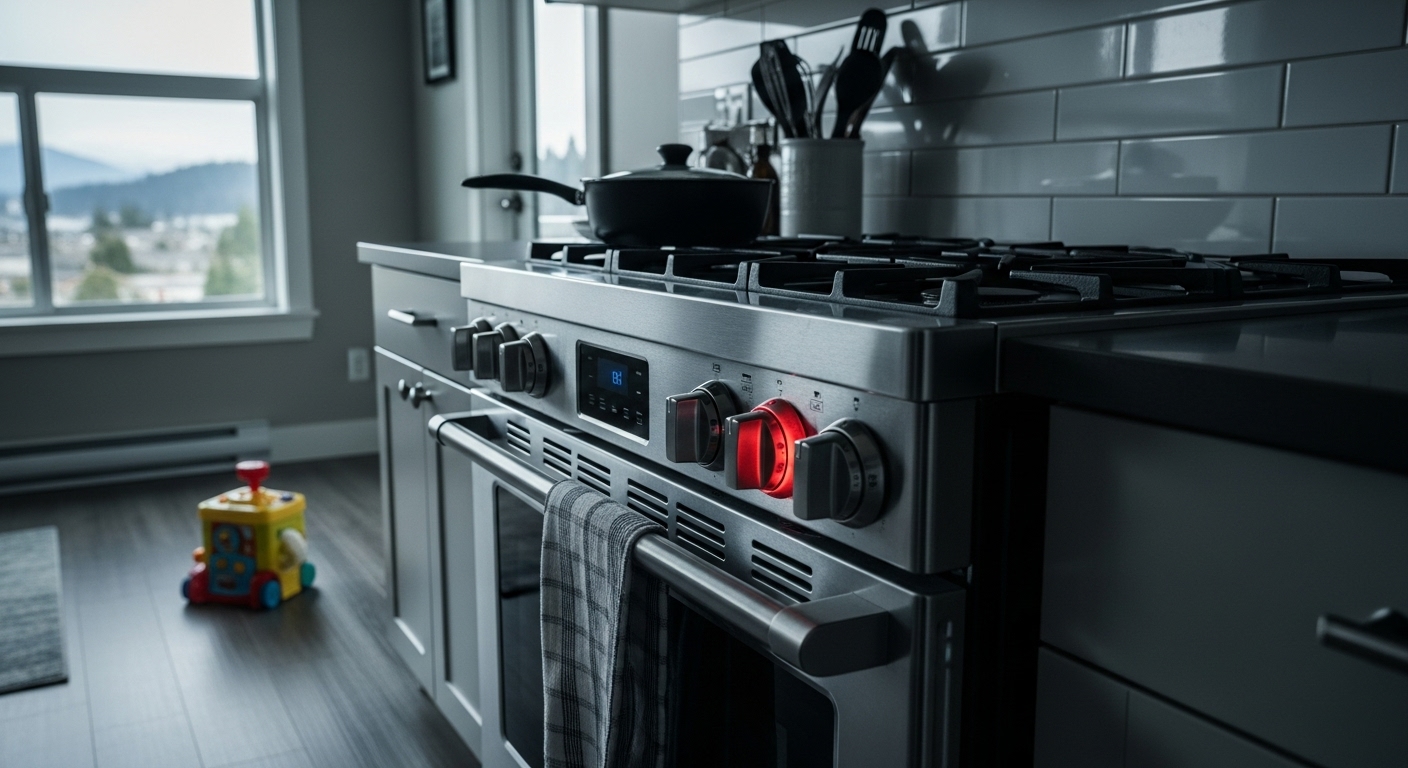 A kitchen appliance on fire representing a fire hazard from a product recall