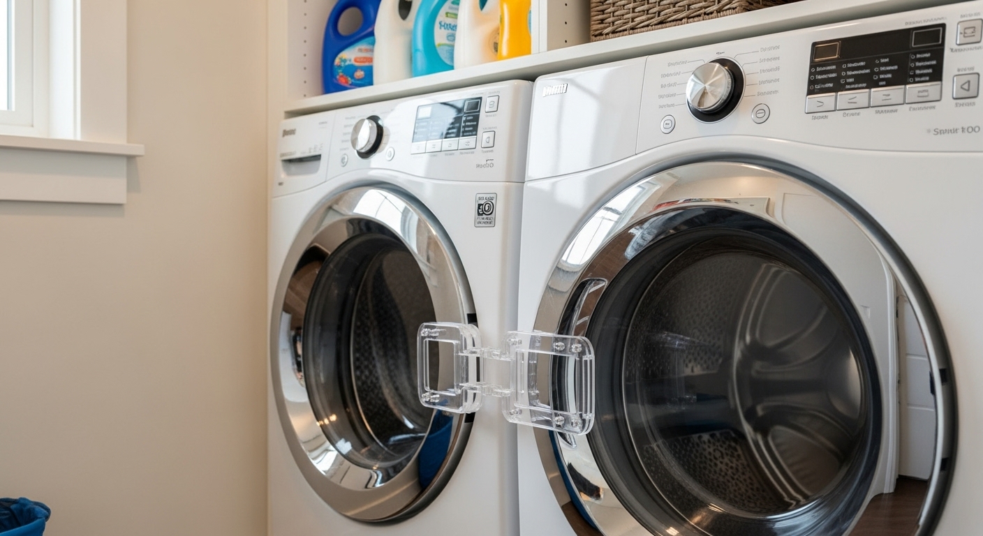 A child safety lock installed on a front-loading washing machine to prevent entrapment