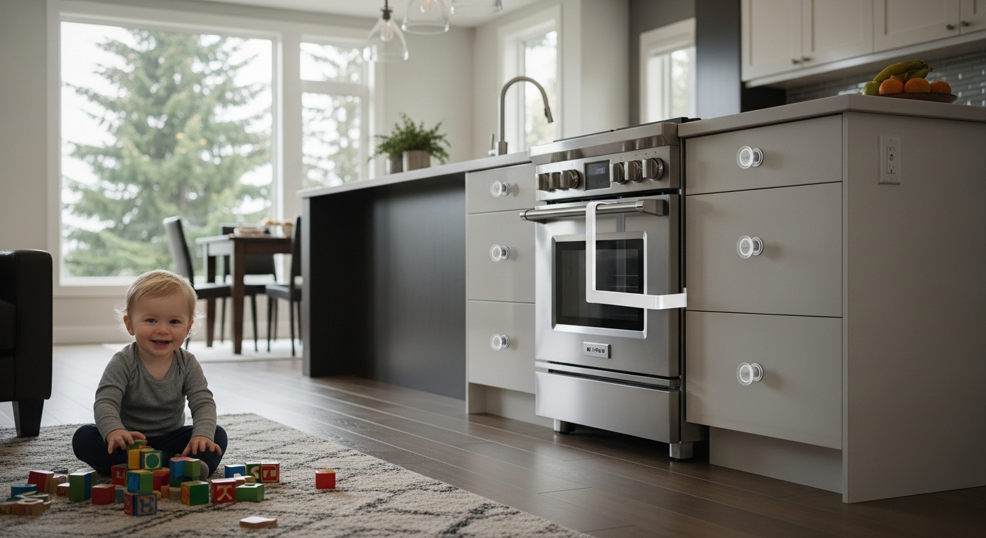 Toddler playing safely in a kitchen with childproofed home appliances