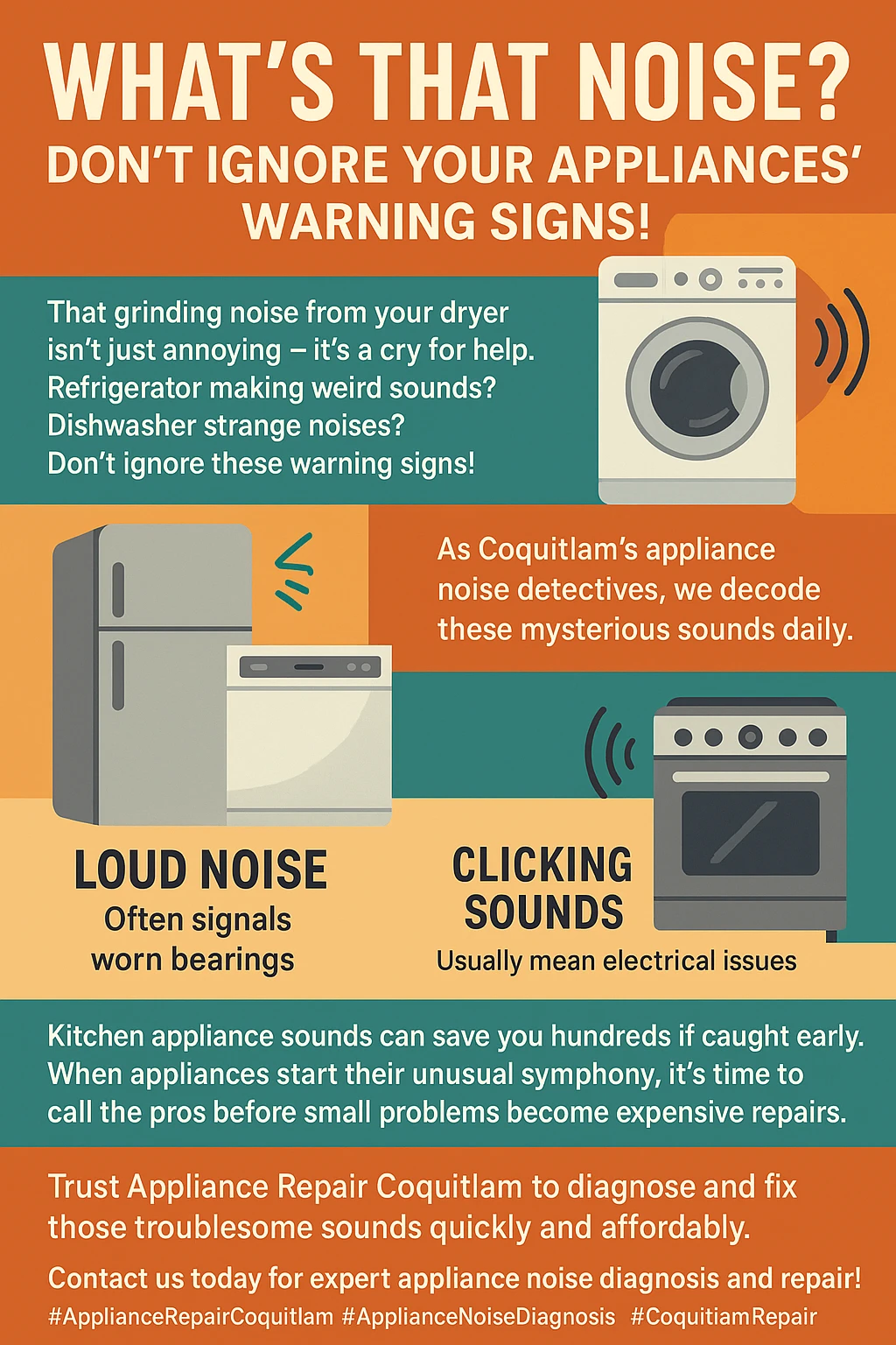 Key takeaways infographic for appliance strange noises in Coquitlam