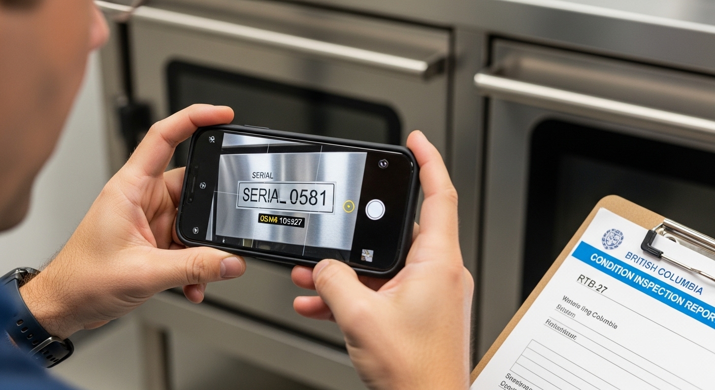 Person filling out a British Columbia rental appliance condition inspection report.