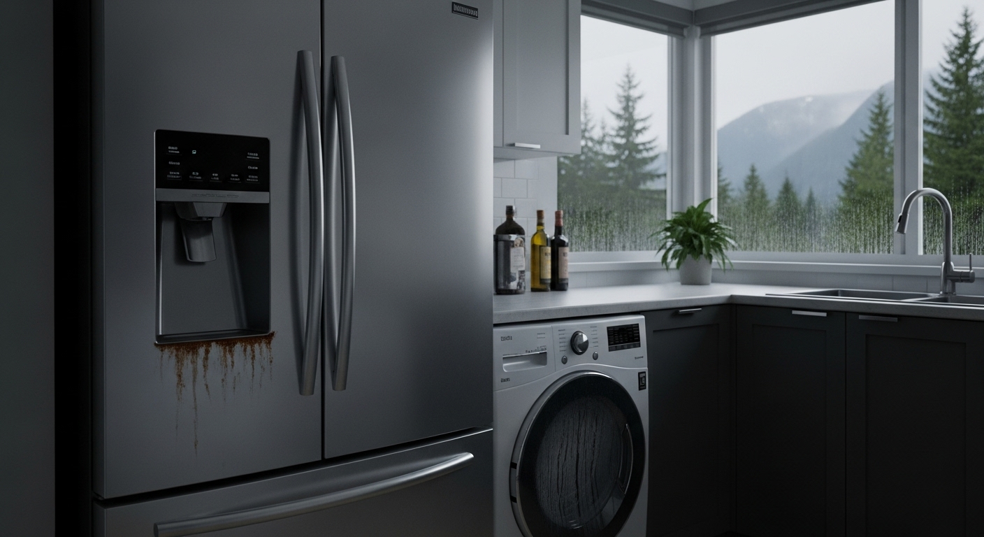 Kitchen appliances in a modern Coquitlam home showing signs of humidity damage and corrosion.