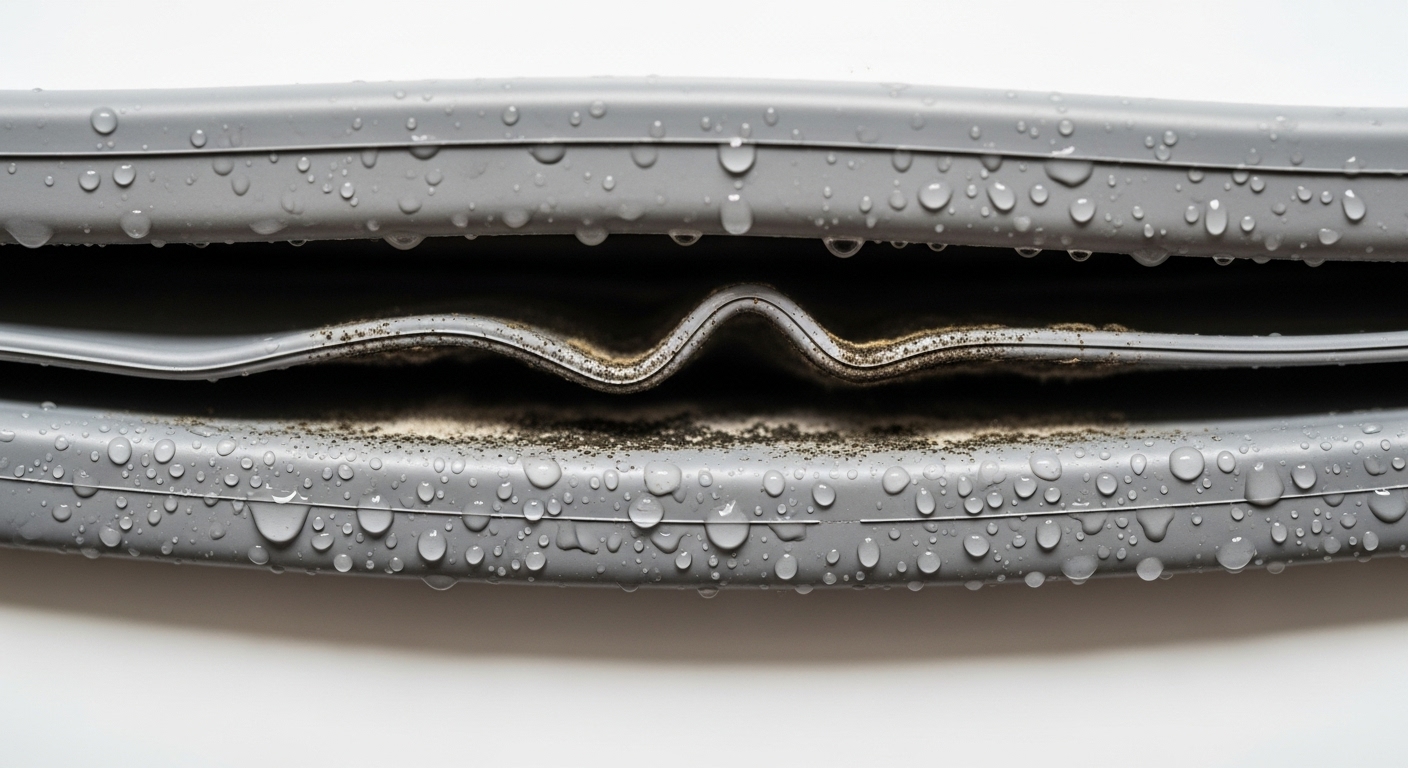 A close-up view of black mold growing on the rubber door seal of a front-loading washing machine.