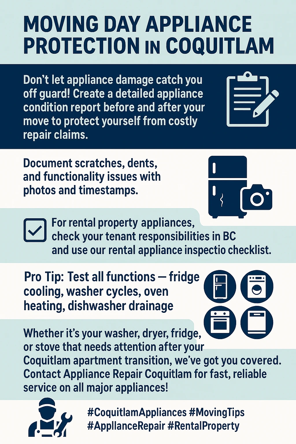 Infographic with tips to prevent appliance damage during moving in Coquitlam