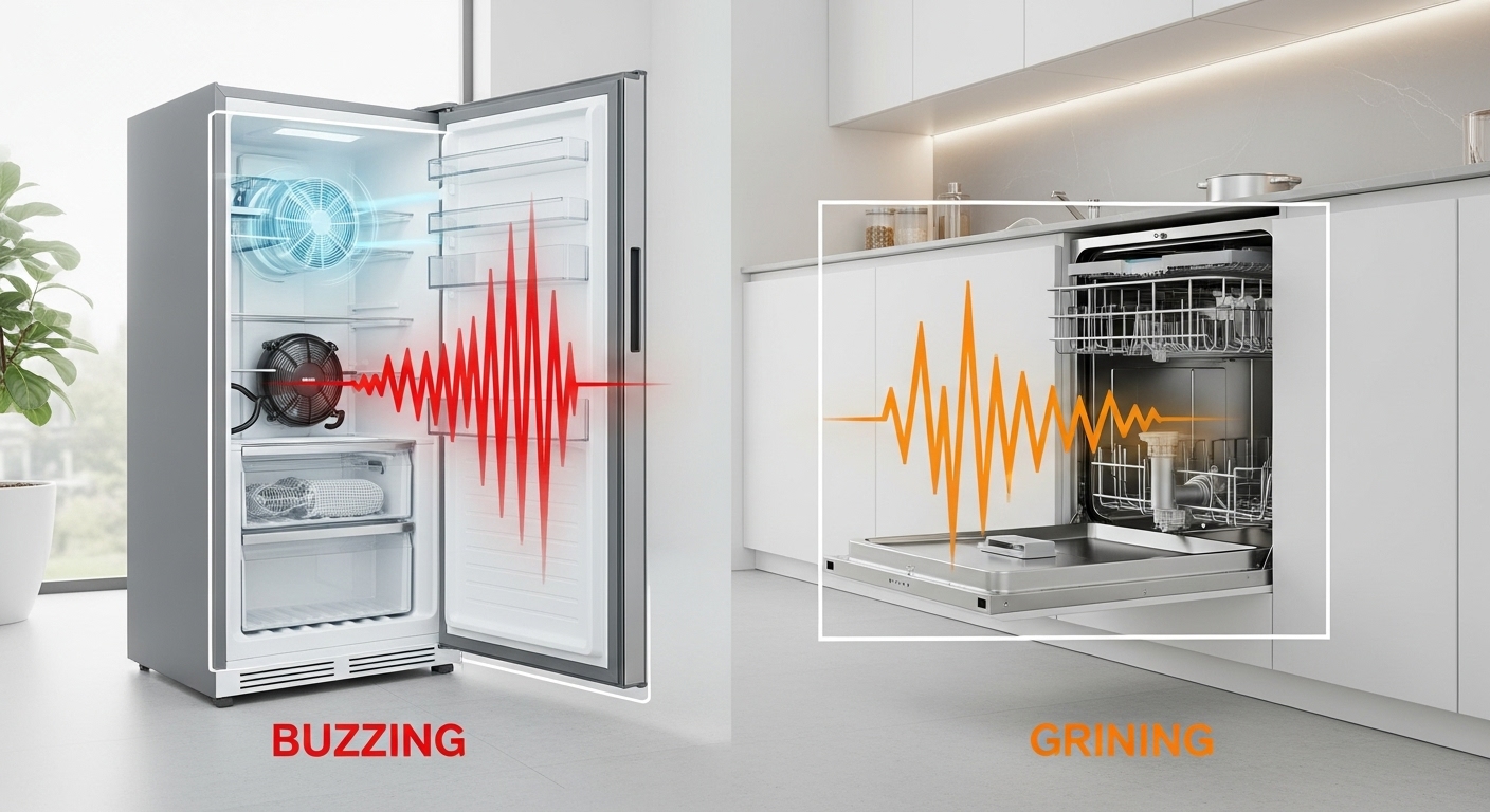 Diagnosing kitchen appliance sounds from refrigerator and dishwasher