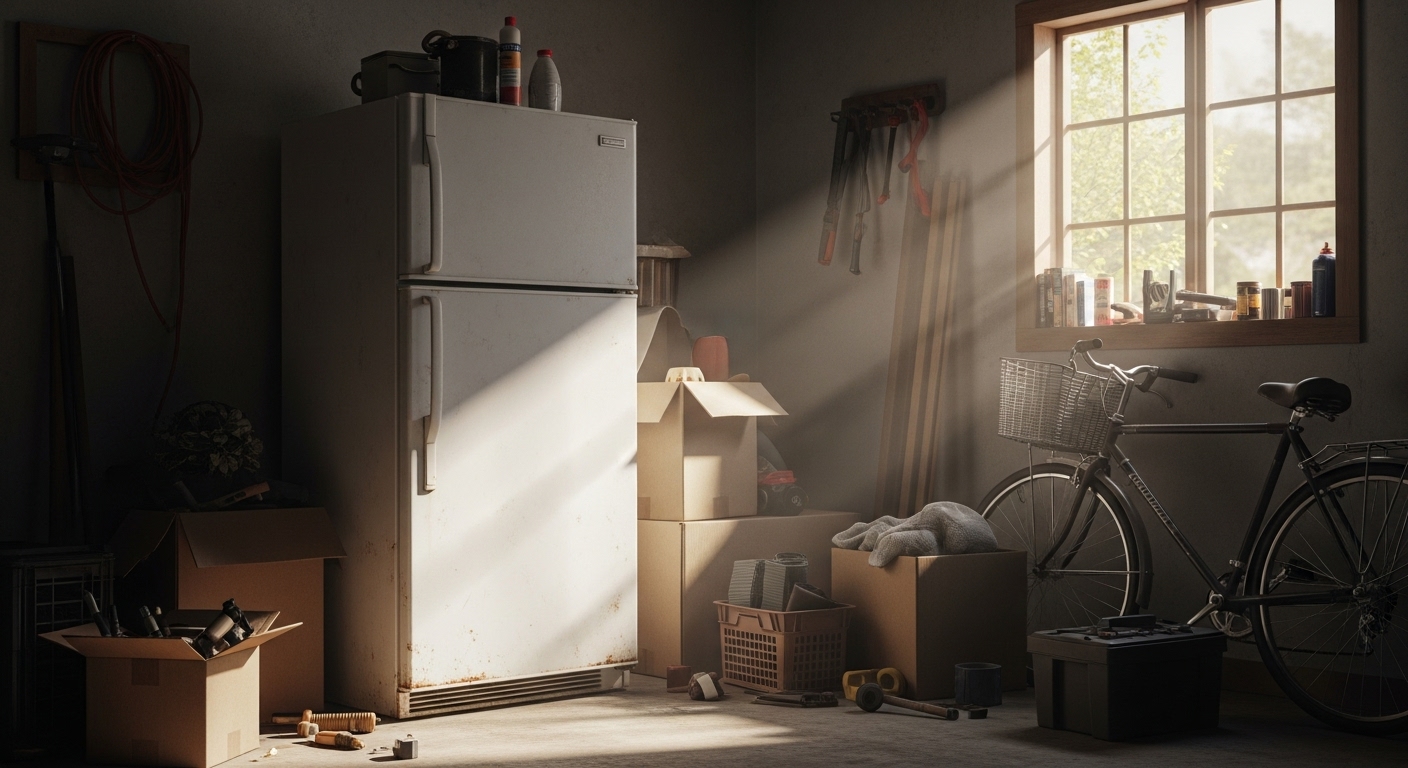 Old appliance stored in a garage in Coquitlam