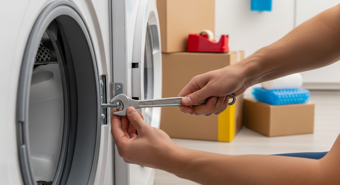 A person preparing a washing machine for a move in Coquitlam by installing transit bolts.
