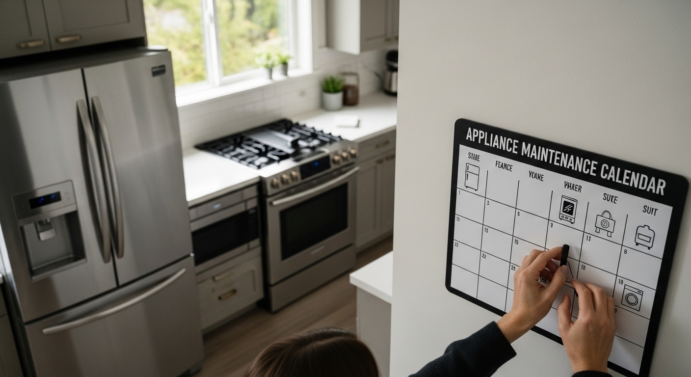 A family home in Coquitlam with overlay of appliance maintenance calendar icons.