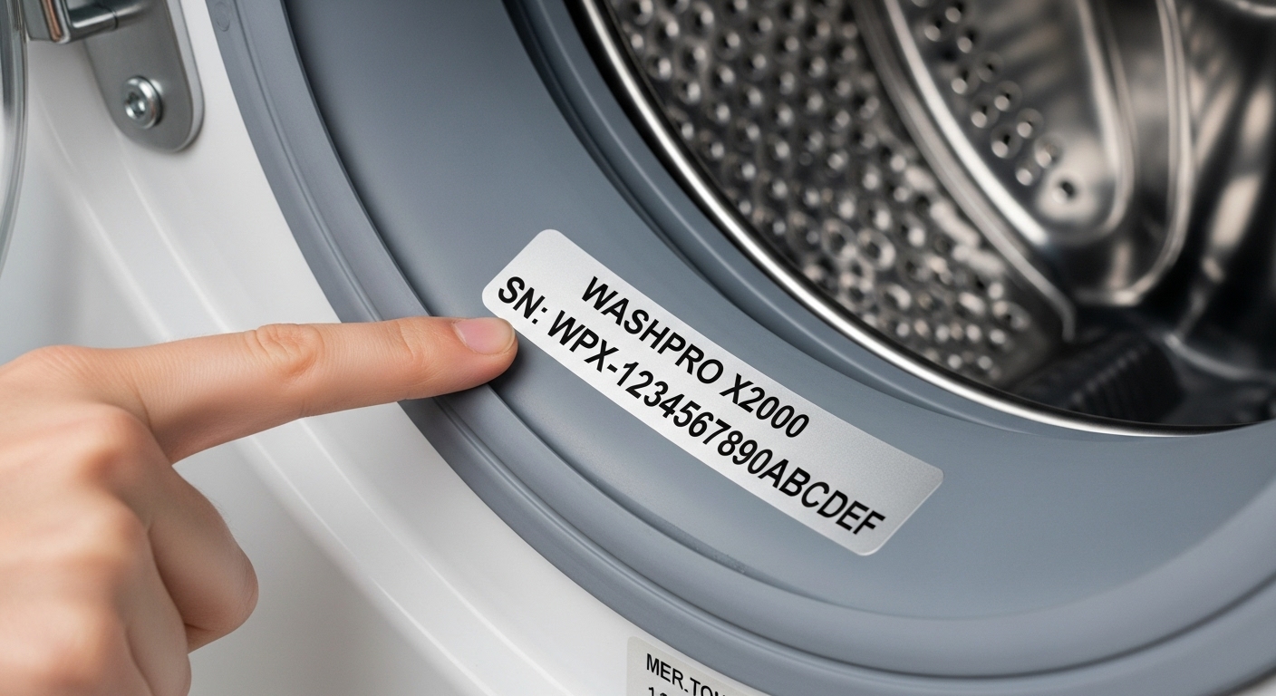 Close-up of an appliance serial number sticker showing model and serial information