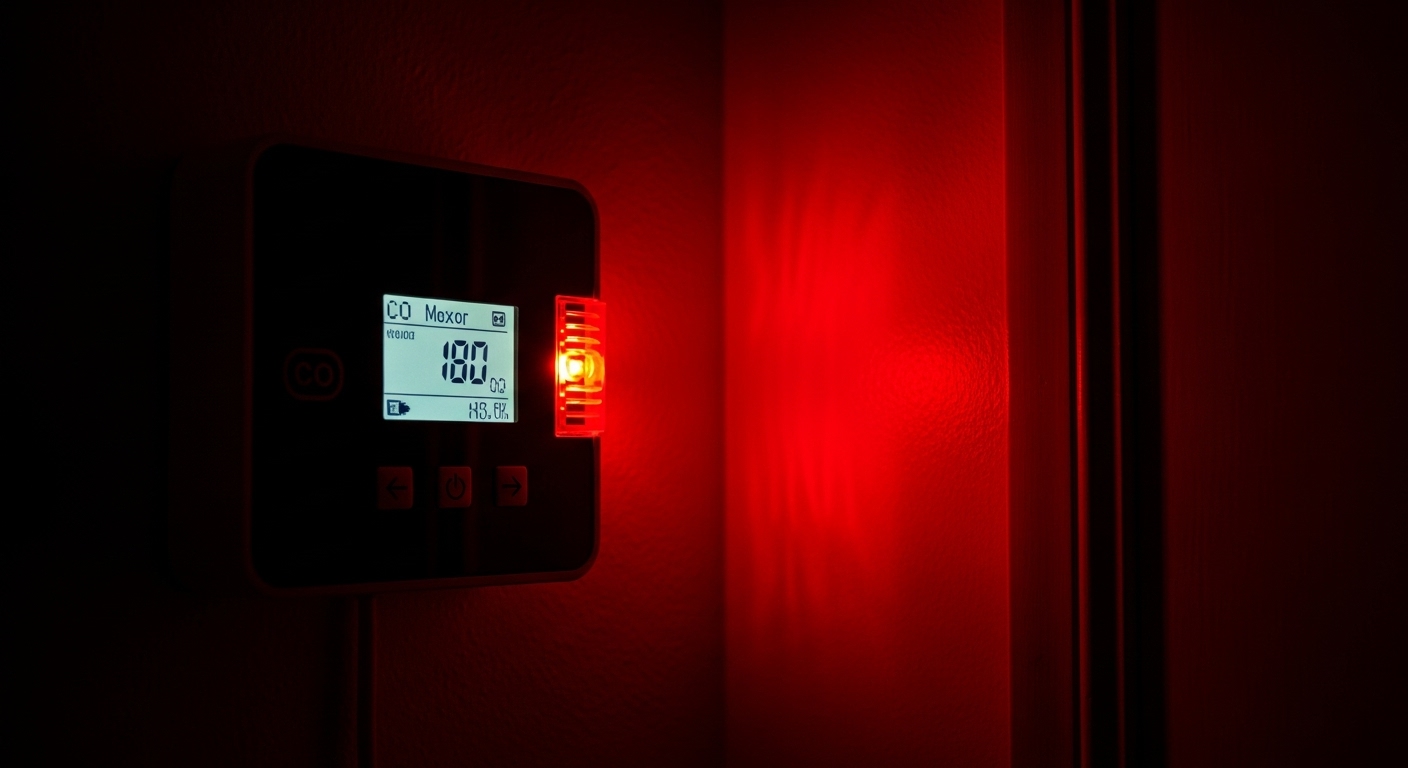 A carbon monoxide detector with a red light flashing, alarming in a dark room at night.