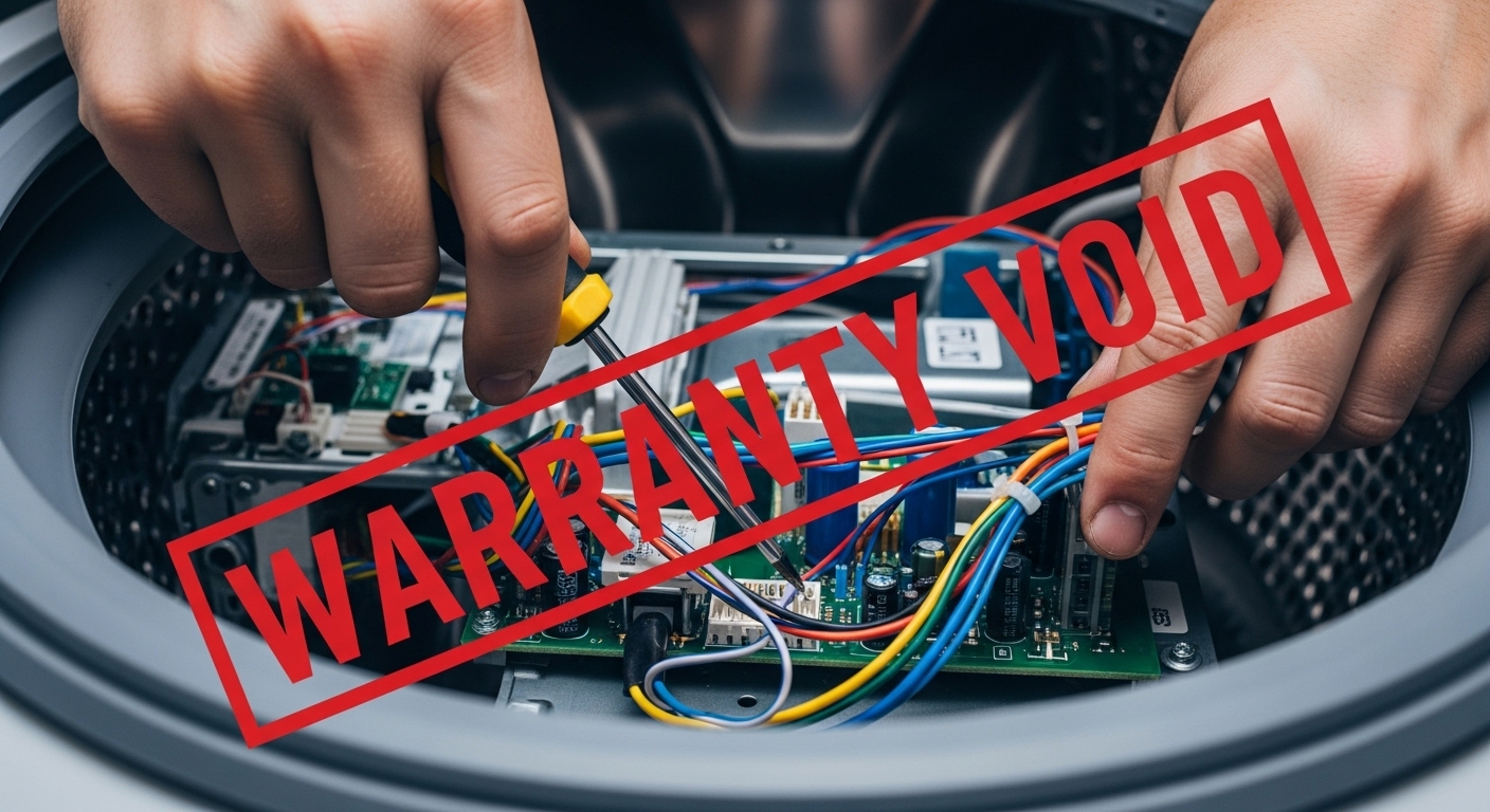 Warning sign indicating that do-it-yourself appliance repair will void the warranty.