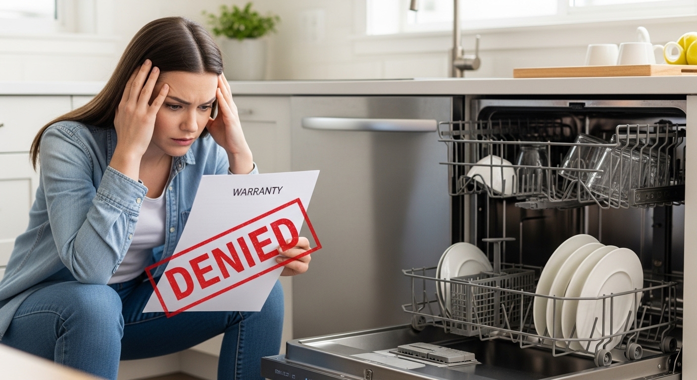 Frustrated homeowner looking at a denied appliance warranty claim.